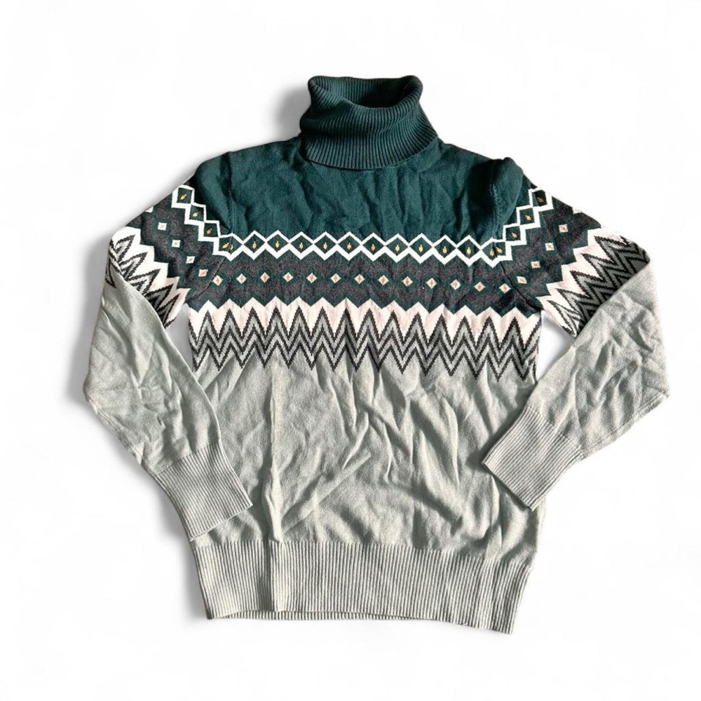 L.L. Bean fine 90s green & white patterned turtleneck cotton/cashmere sweater